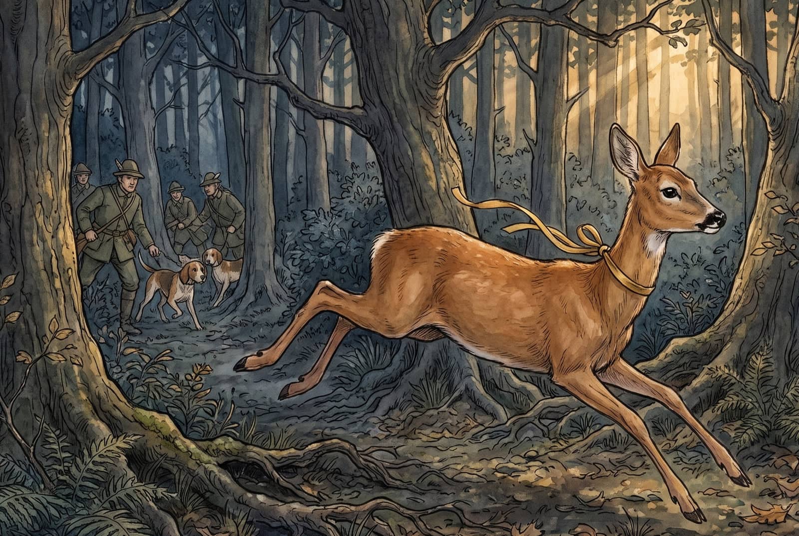Ein Reh ohne Geweih springt mit gestreckten Läufen durch den dämmrigen Wald, ein goldenes Band am Hals; weit hinter ihm folgen Jäger und zwei Hunde.