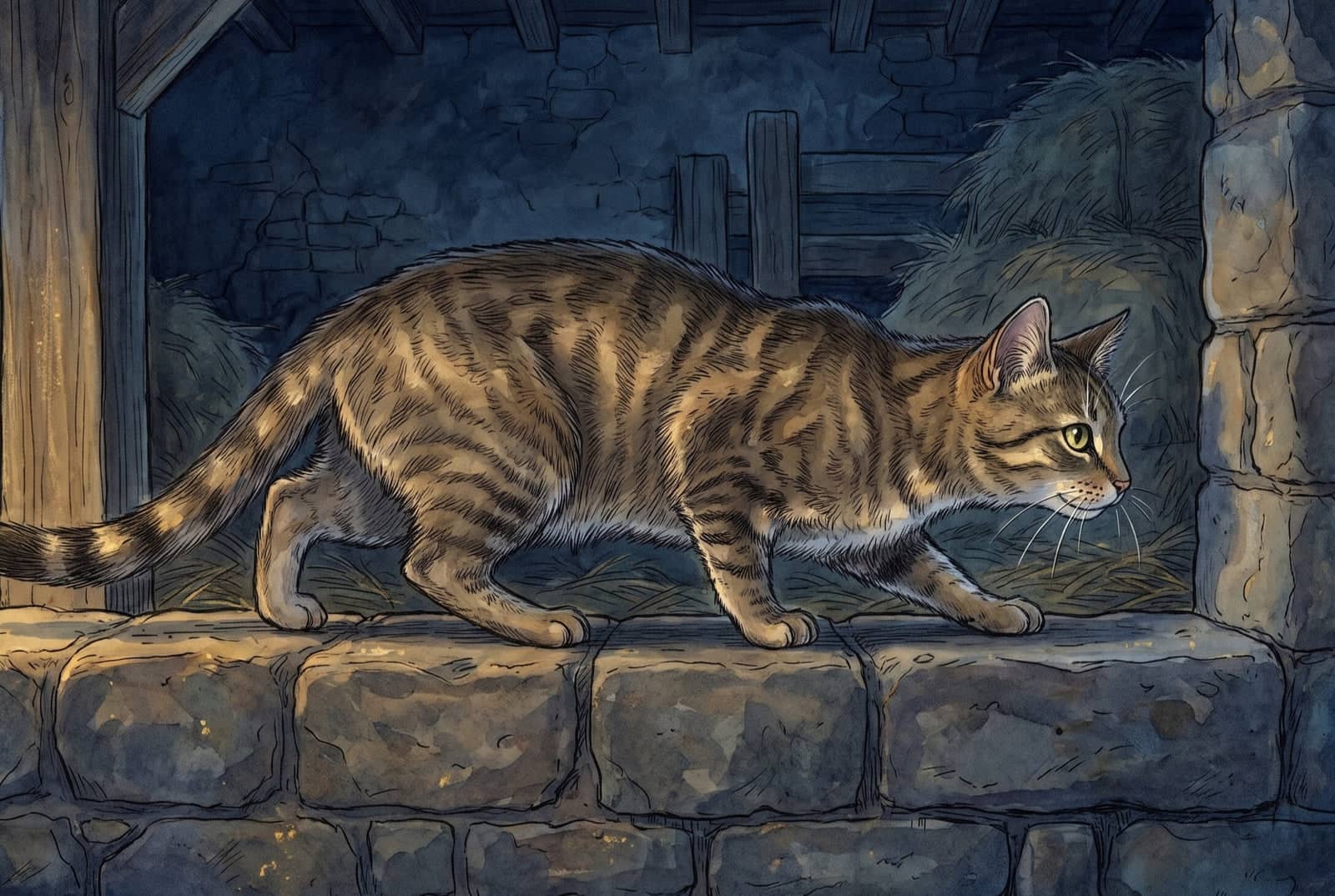 A brown tabby cat walks the top of a stone wall in a dark barn, body low, ears up, tail hanging down behind her, with hay piled in the shadows beyond.