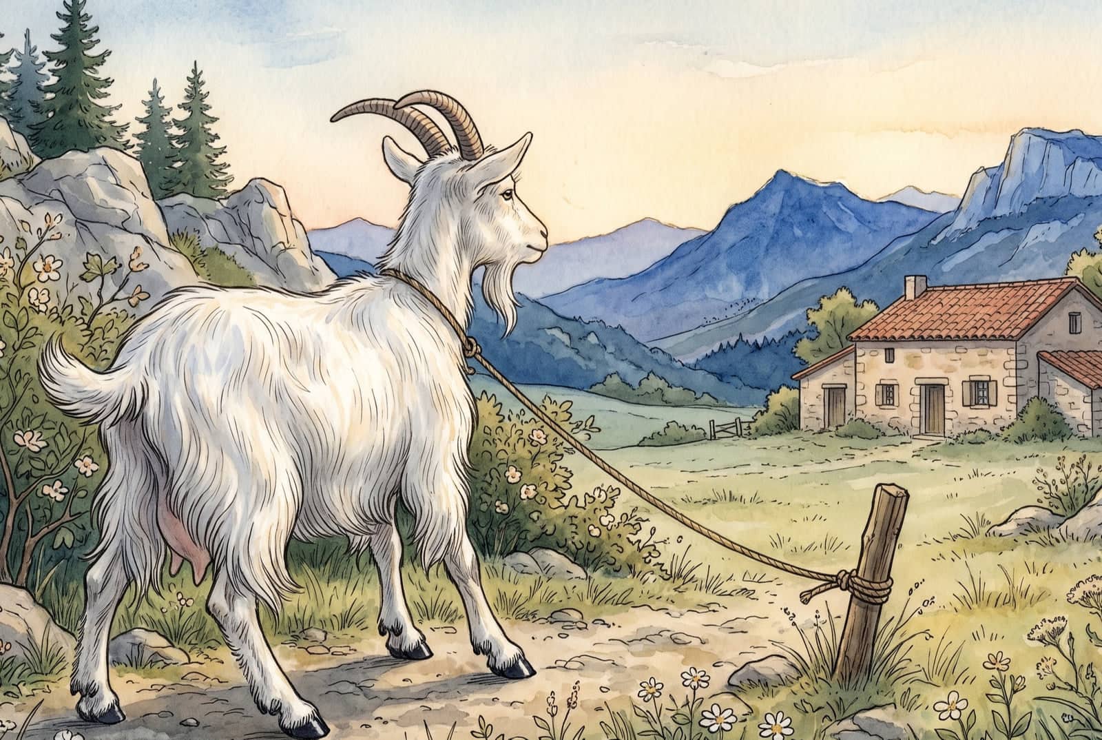 Dans un pré, près d’une maison de pierre, la chèvre blanche, vue de dos, attachée par sa corde à un piquet, a la tête tournée vers les montagnes bleues.