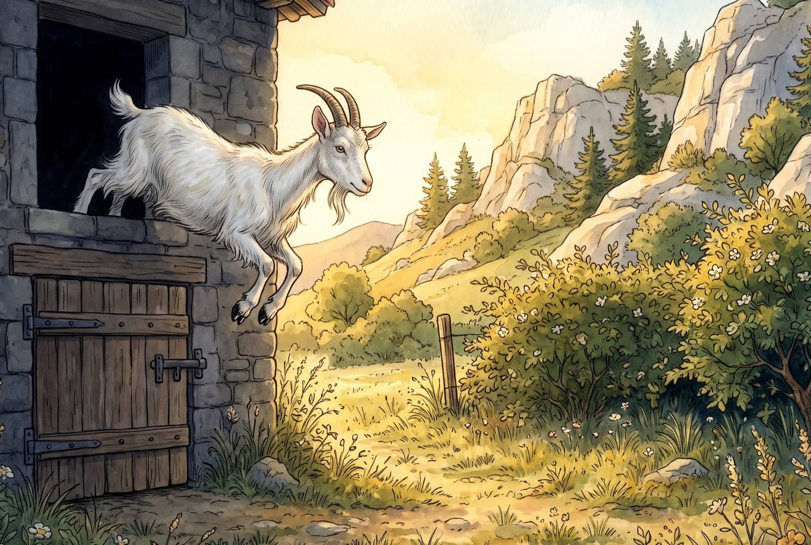 Par la fenêtre haute de l’étable de pierre, la chèvre blanche saute dehors au-dessus de la porte fermée au verrou, vers l’herbe ensoleillée.