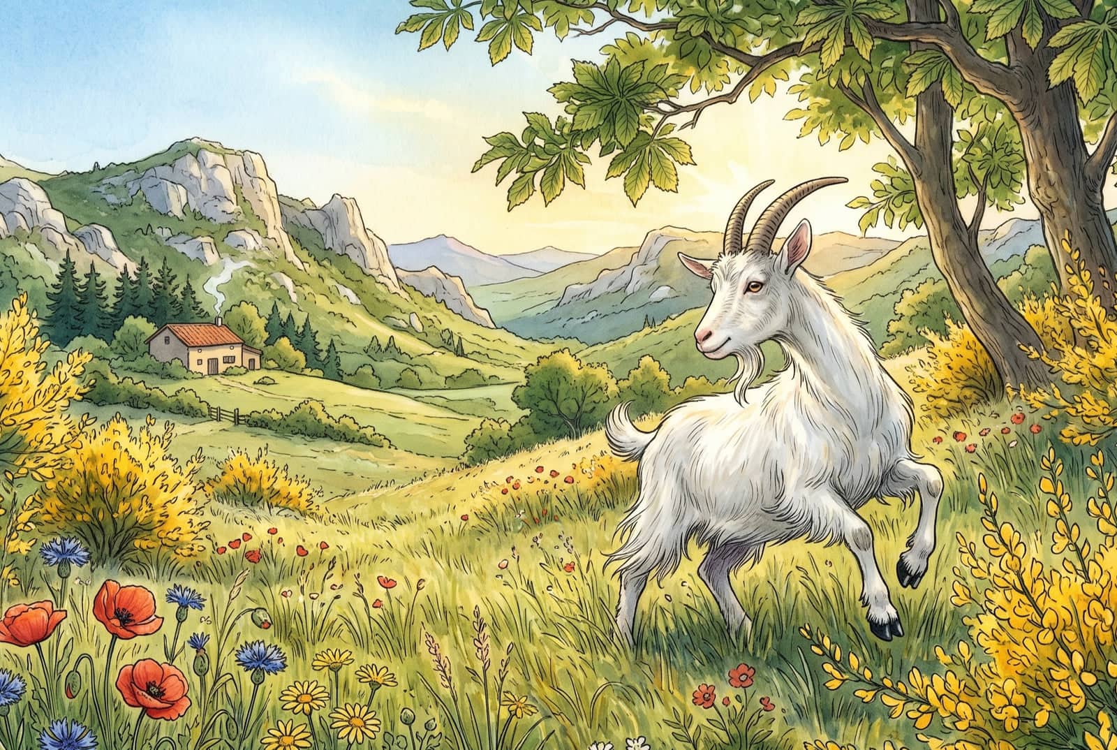Sous les branches d’un châtaignier, la chèvre blanche bondit dans l’herbe haute, parmi les genêts d’or et les coquelicots ; tout en bas, une maison.