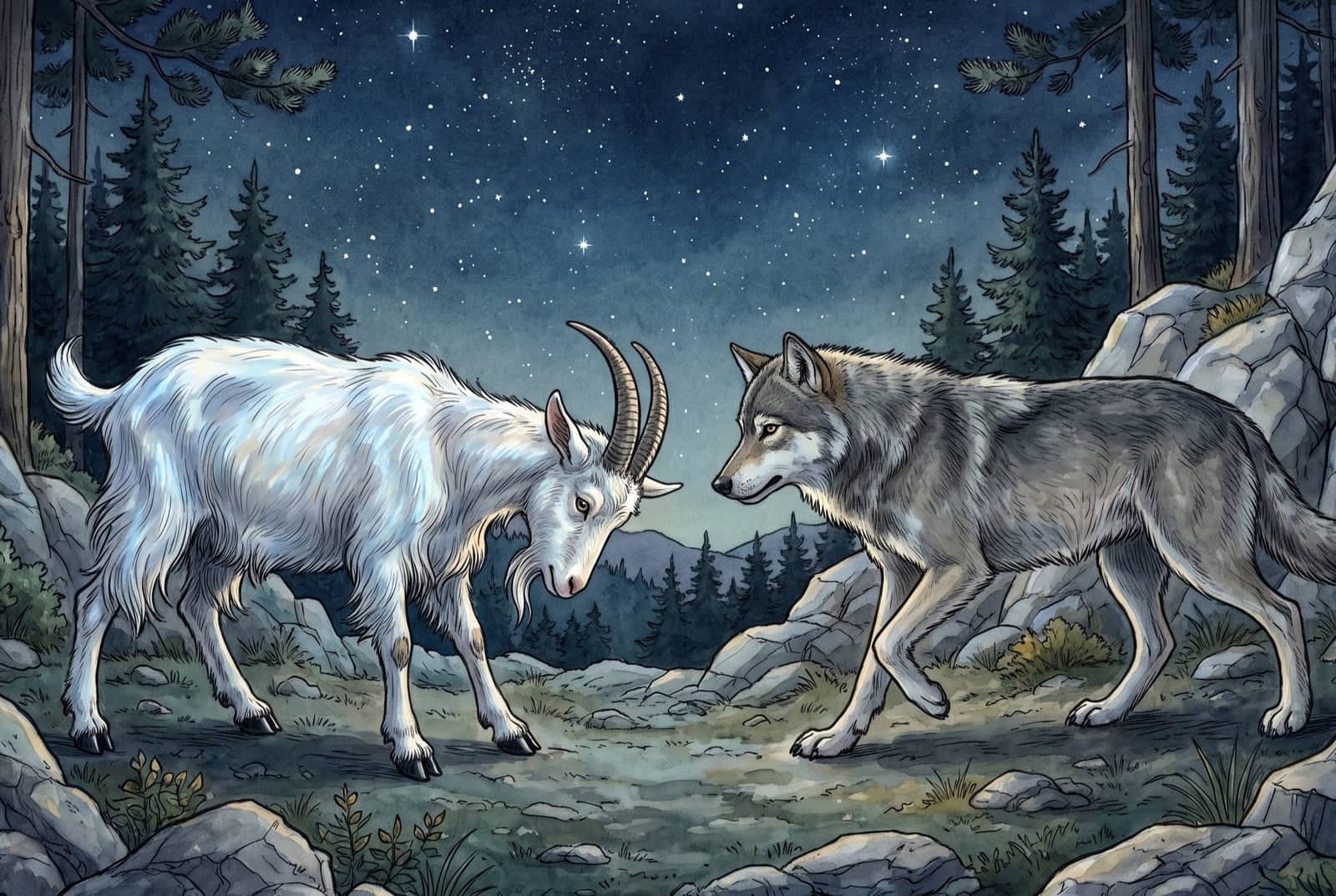 Sous un ciel plein d’étoiles, entre les rochers et les sapins, la chèvre blanche baisse la tête face à un grand loup gris qui s’avance.