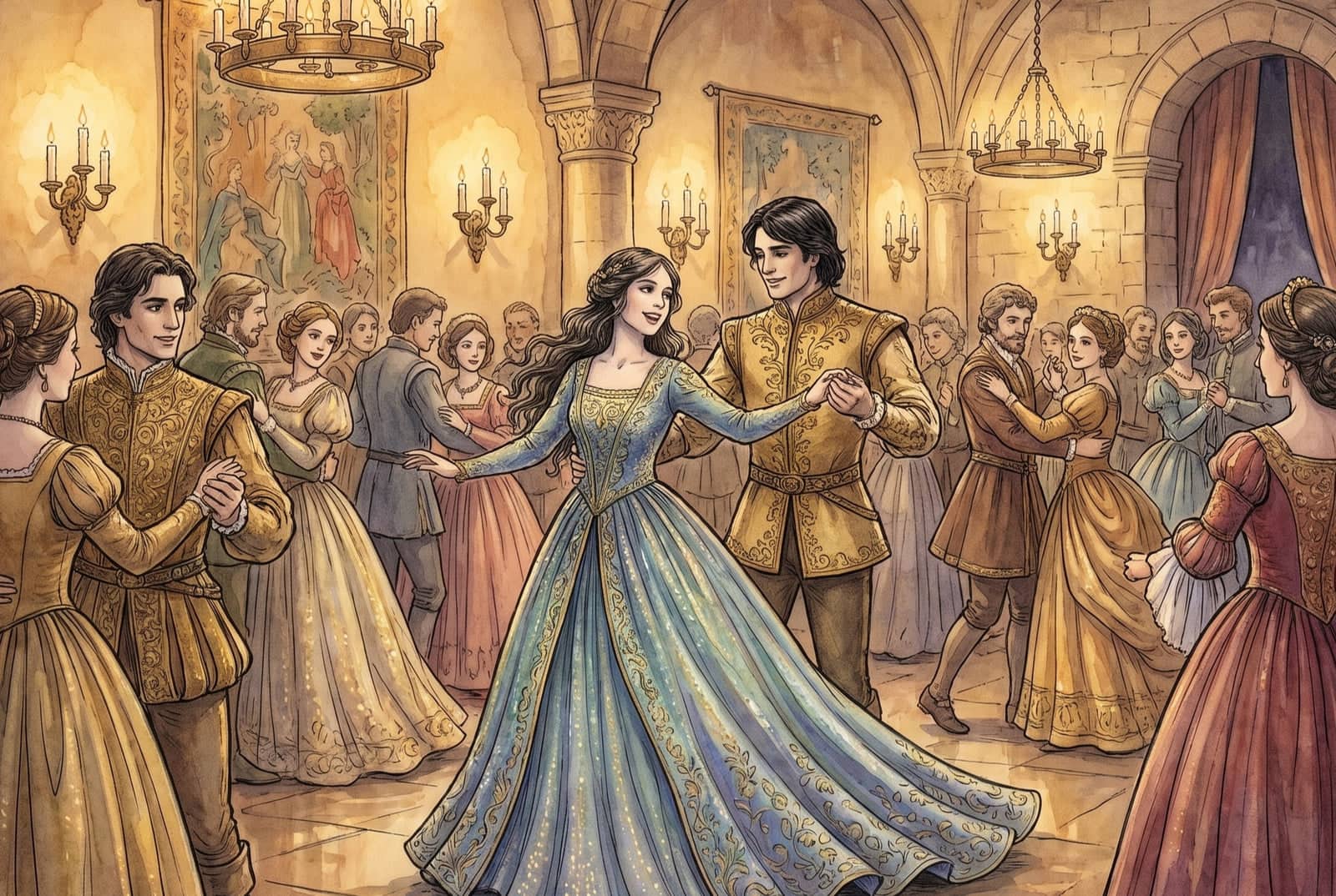 Cinderela, de vestido azul e dourado, dança de mãos dadas com o filho do rei num salão de castelo iluminado por velas, cercada por casais que dançam ao redor.