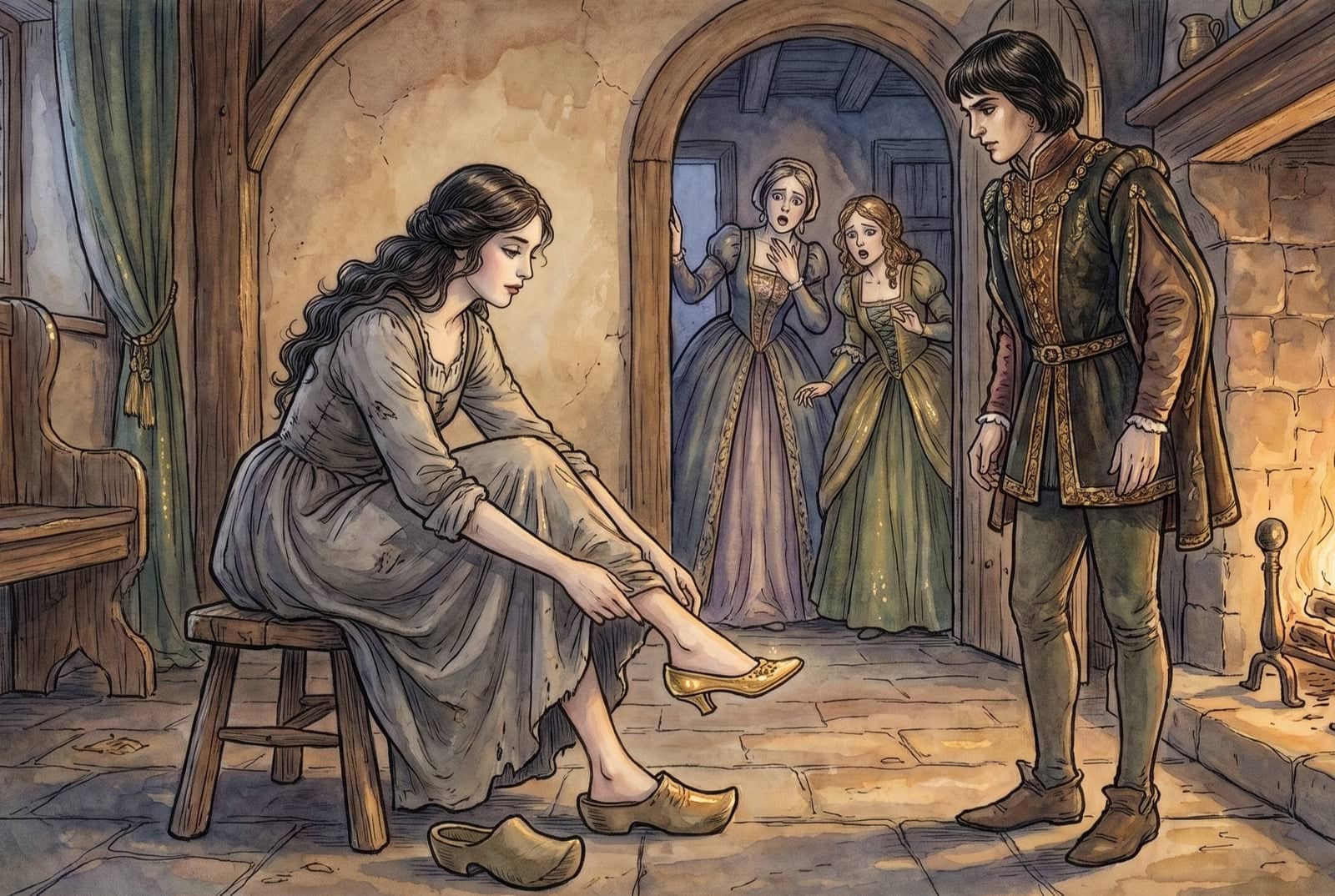 Cinderela, sentada, calça sozinha o sapatinho dourado; o filho do rei observa de pé ao lado, e as duas irmãs olham pálidas pela porta.
