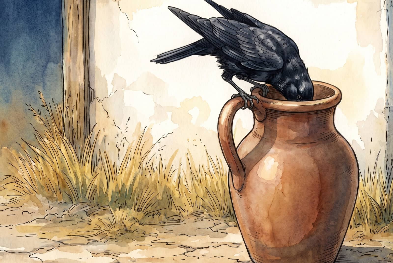 One foot on the rim and one on the looped handle, the crow dips her head into the wide mouth of the pitcher, tail cocked high, by a cracked whitewashed wall.
