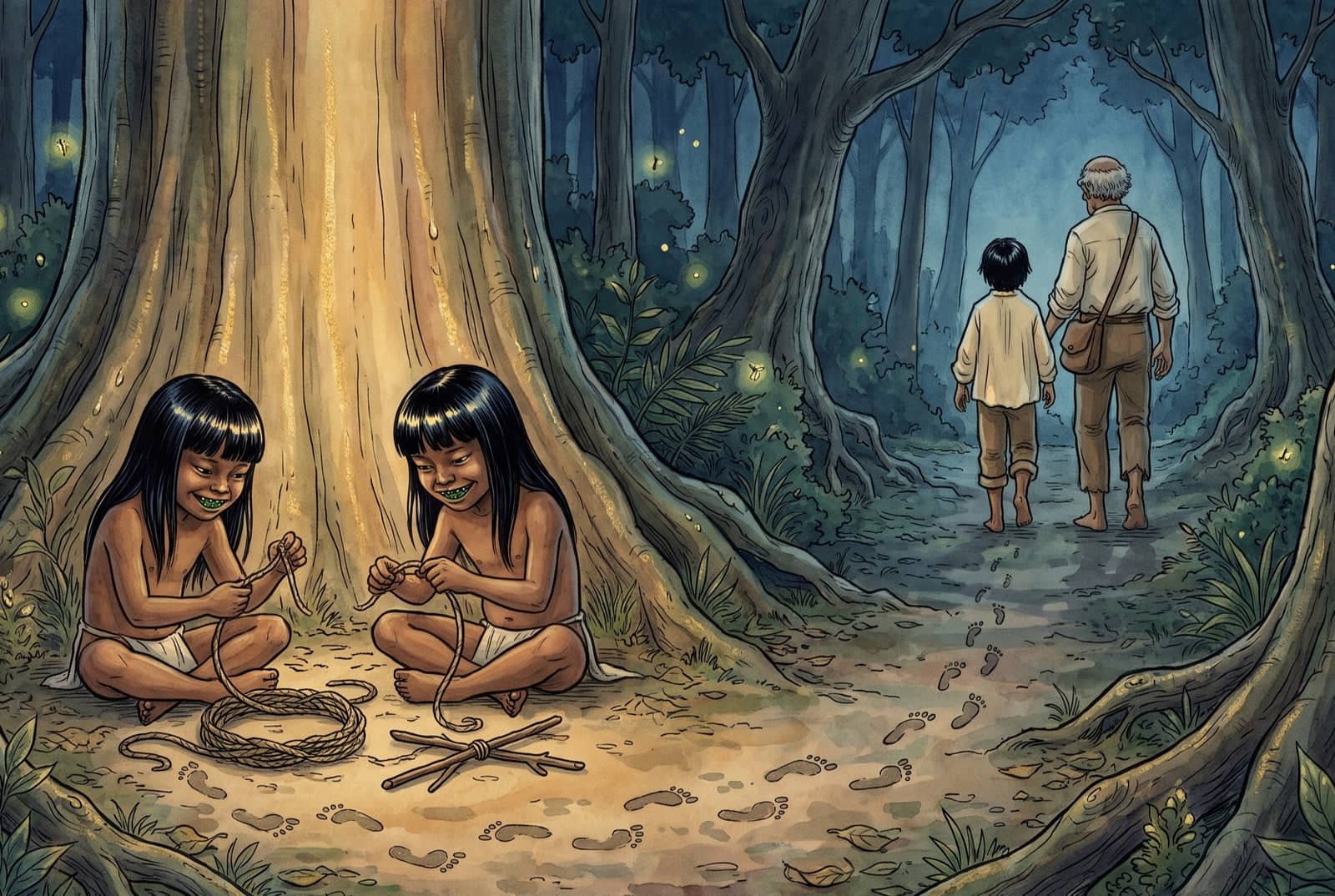 Dois meninos iguais, sentados na picada, desfiam uma rodilha de cipó ao lado de uma cruz amarrada; ao longe, um velho sem chapéu e um rapaz se afastam.