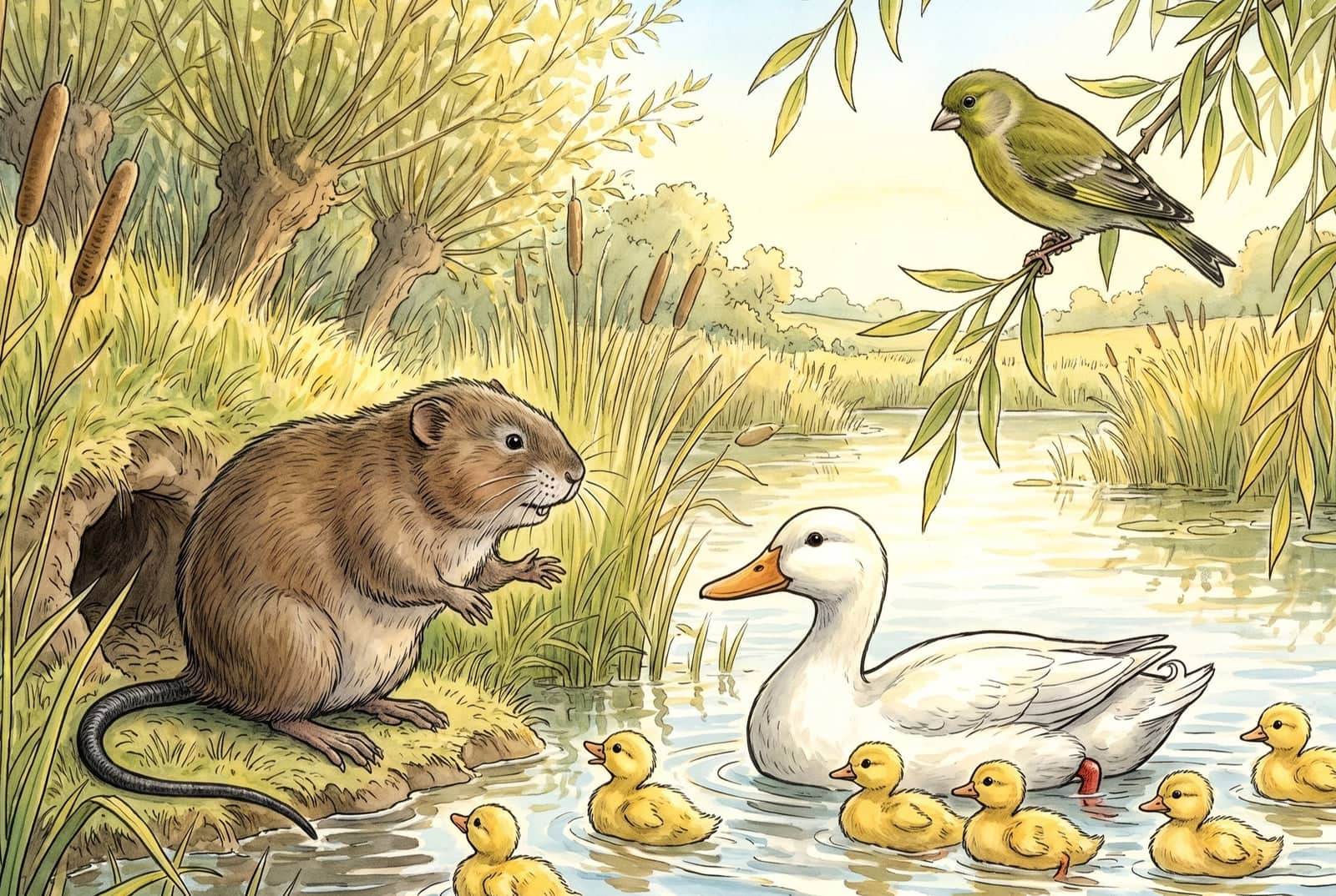 En un estanque con sauces y juncos, una rata de agua parda le habla a una pata blanca con seis patitos amarillos; un pardillo verde escucha desde una rama.