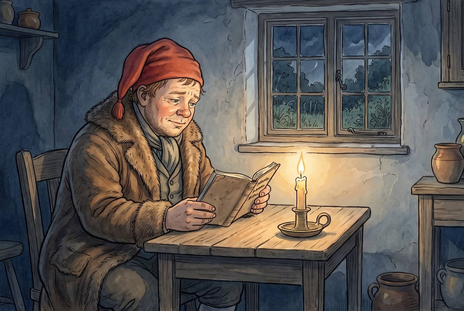 De noche, Hans lee una libreta a la luz de una vela; lleva gorro de dormir rojo, abrigo de piel y bufanda, y por la ventana se ve el jardín oscuro.