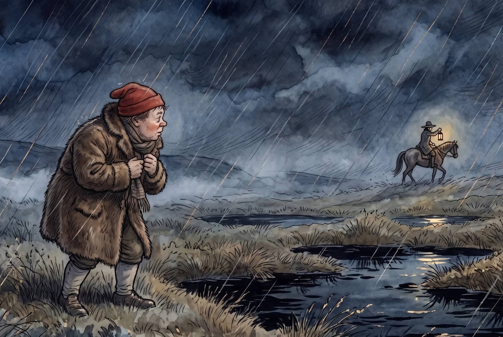 Bajo la lluvia, Hans, con abrigo de piel y gorro rojo, se detiene en un páramo de pozas negras; a lo lejos, un jinete con un farol se aleja a caballo.