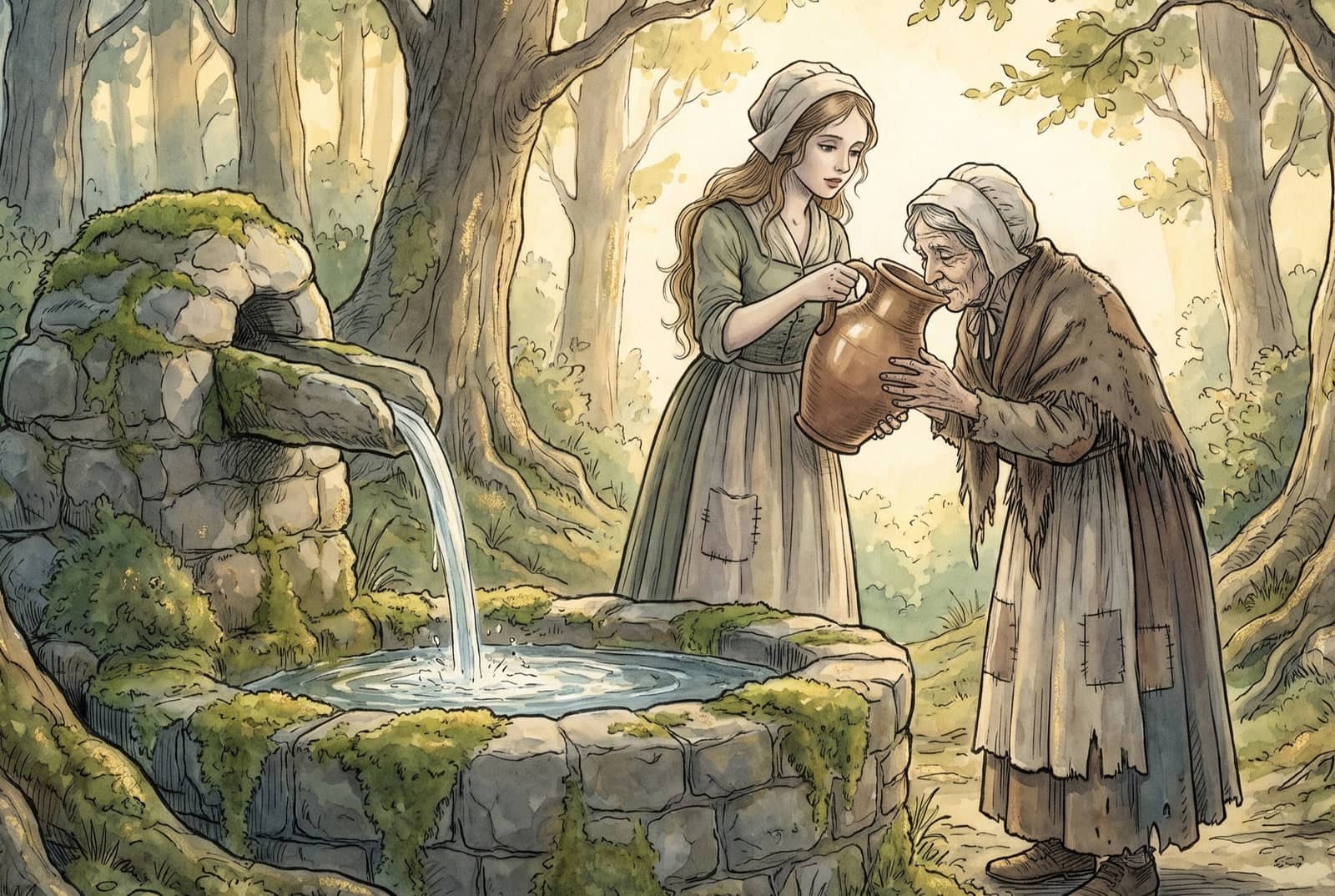 At a mossy stone fountain in a sunlit wood, a girl in a white cap holds up a brown earthenware pitcher as a stooped poor woman in a ragged shawl drinks from it.