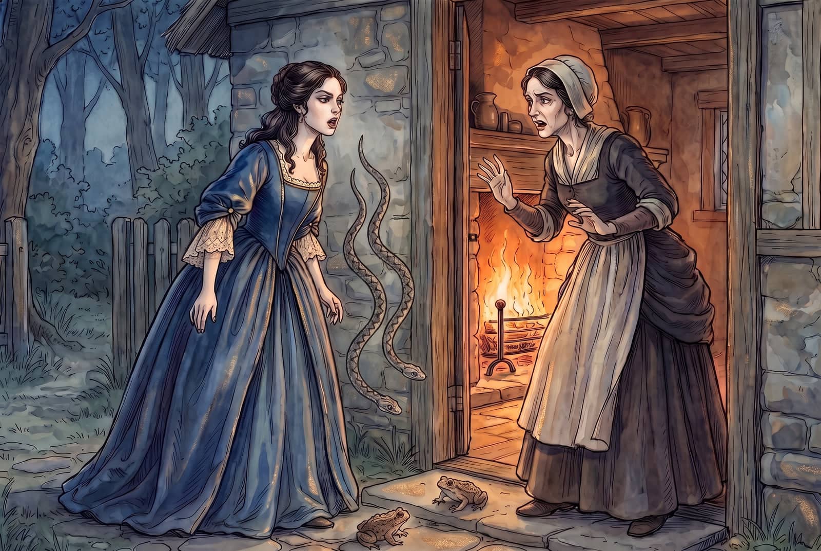 On a cottage threshold, a scowling young woman in a blue silk gown stands with her hands at her sides, two vipers and two toads at her feet; her mother recoils.