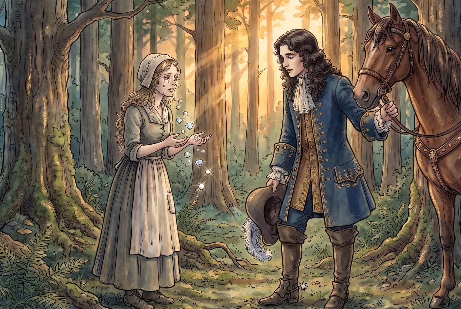 In a sunlit forest, a tearful girl speaks as pearls and diamonds fall from her lips, facing the king’s son, who holds a plumed hat and leads his horse.