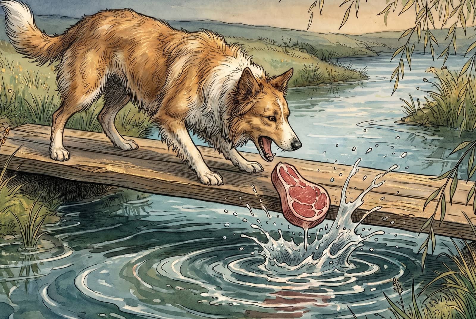 Der Hund steht mit weit aufgerissenem Maul auf dem Brett, während sein Stück Fleisch ins Wasser fällt, das aufspritzt und Ringe zieht.