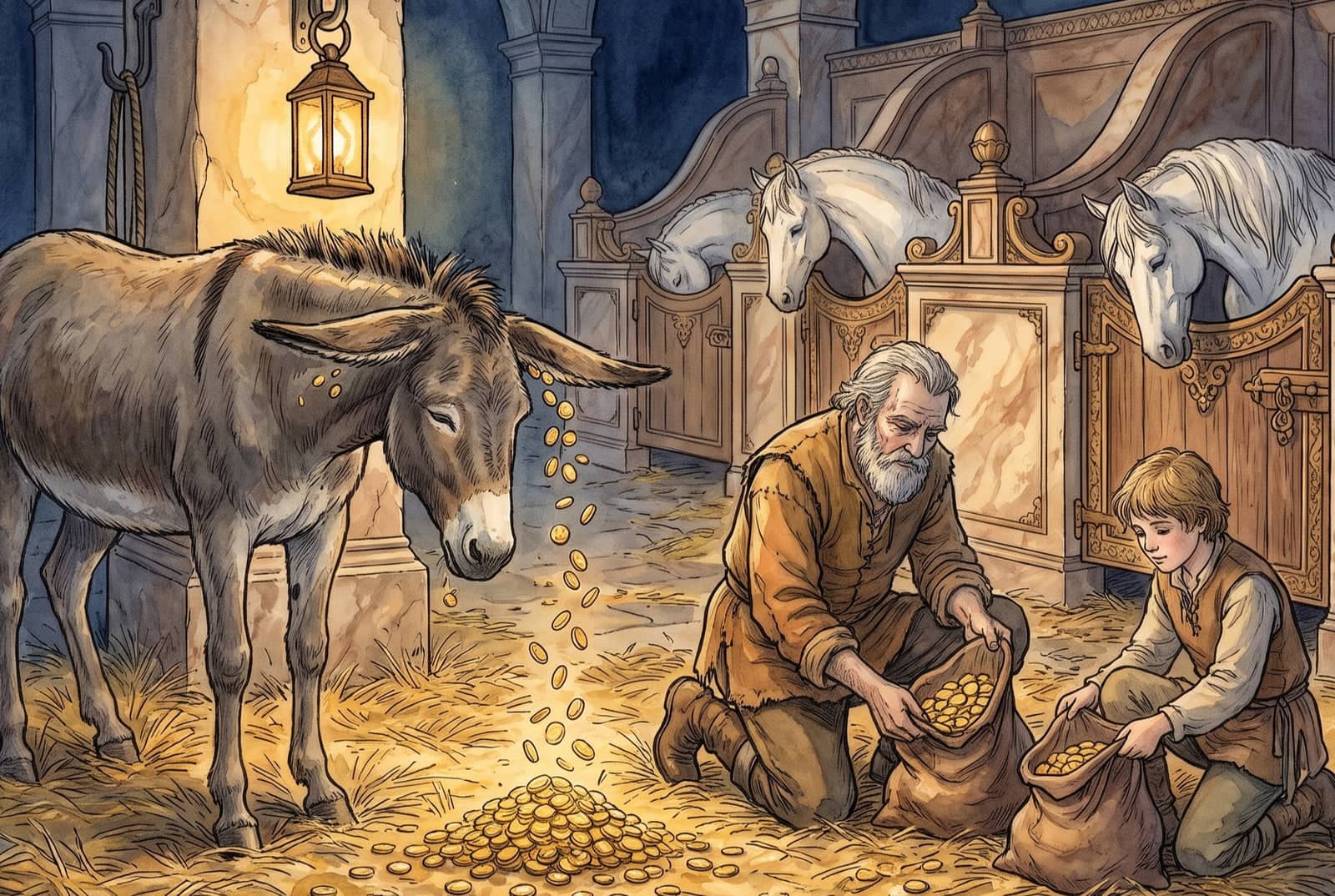 In a lamplit marble stable, gold coins stream from a drowsing donkey’s ear while a white-bearded groom and a boy kneel in the straw, filling sacks.