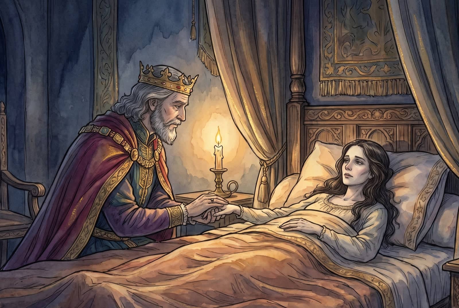 A grey-bearded king in a crimson mantle and gold crown leans over a canopied bed, holding the hand of his pale wife by the light of one candle.