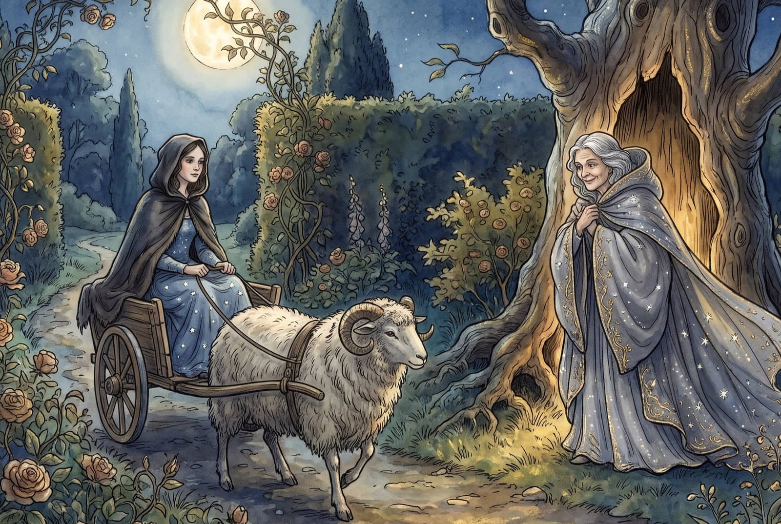 A hooded girl rides in a small cart pulled by a horned sheep through a moonlit rose garden toward a silver-haired woman in a starry cloak by a hollow tree.