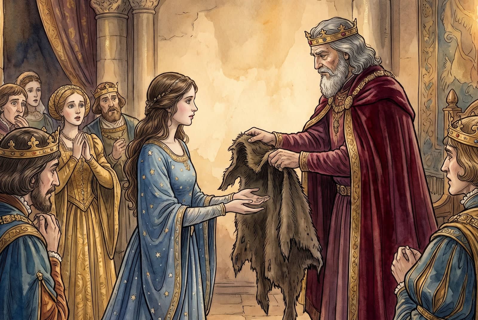 A grey-bearded king in a crimson mantle holds out a rough brown hide to a young woman in a star-strewn blue gown, as crowned courtiers look on, hands clasped.