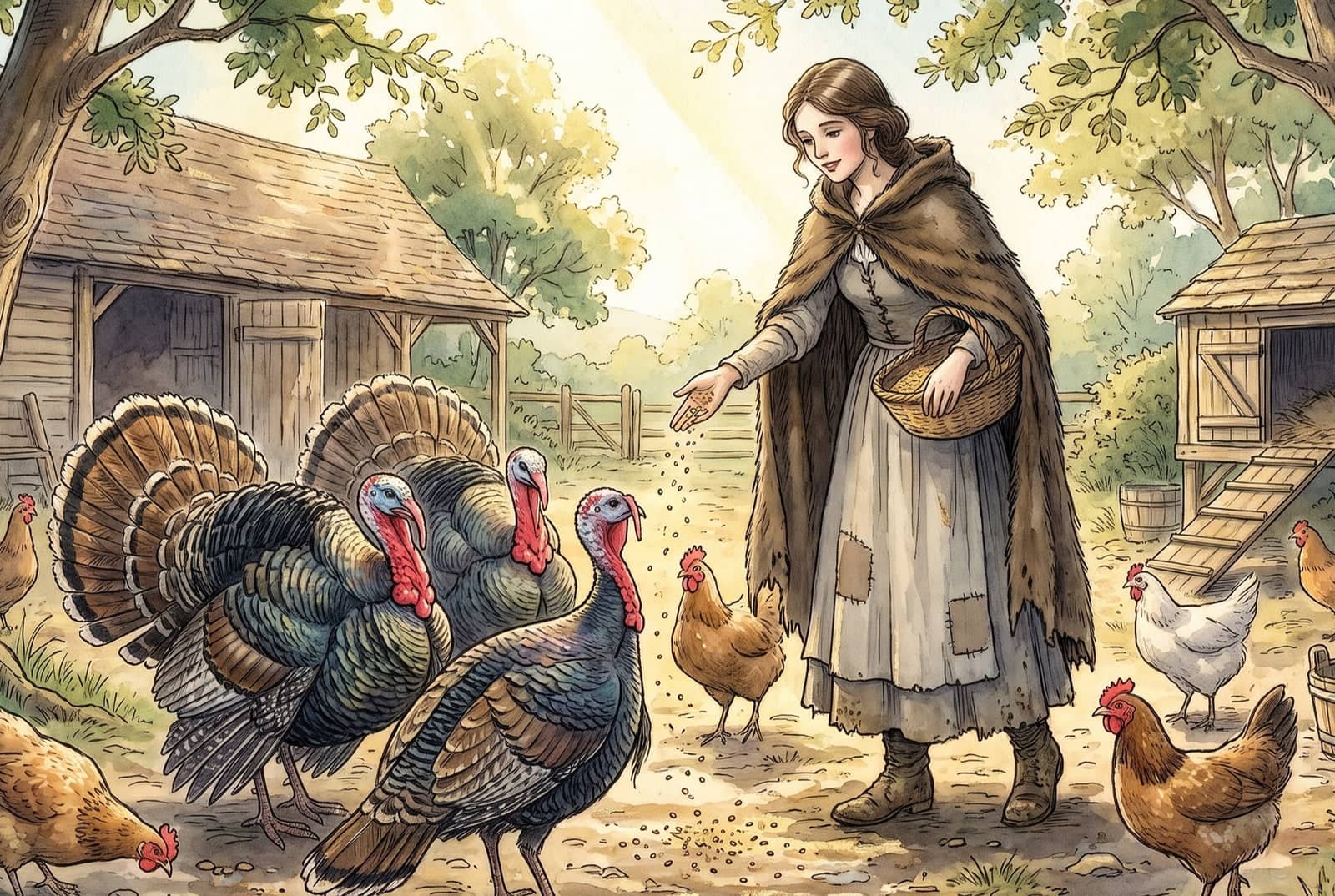 A young woman in a shaggy brown hide over a patched grey working dress and apron scatters grain from a bowl to three turkeys, with hens and a barn behind her.