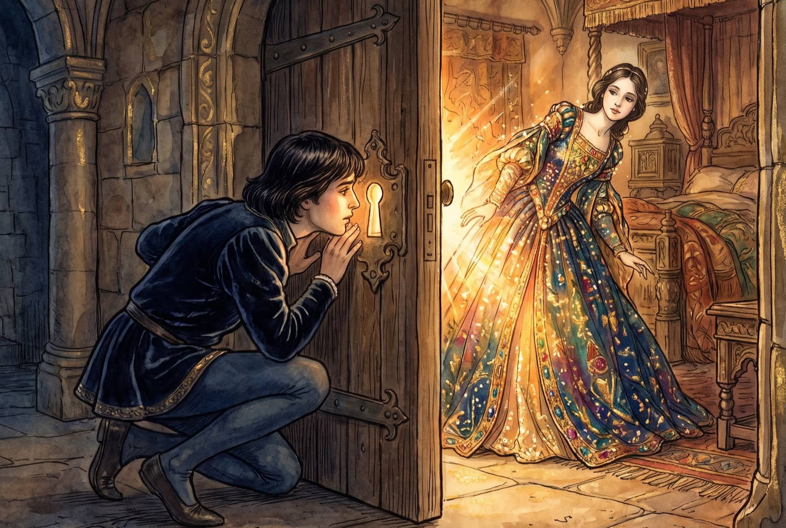 A dark-haired young man in a blue doublet crouches at a wooden door, peering through the glowing keyhole at a woman in a jewelled dress blazing with light.