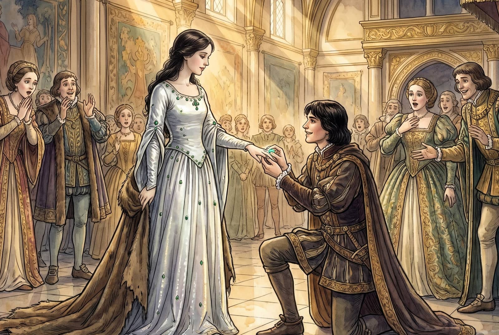 A dark-haired prince kneels in a sunlit hall, slipping an emerald ring onto a smiling woman’s hand as the hide slides from her shoulders and the court gasps.
