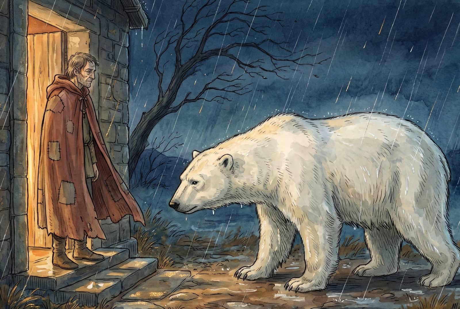 A farmer stands in his lit doorway in driving rain, facing a great White Bear that waits on all fours in the dark beside a bare tree bent by the wind.