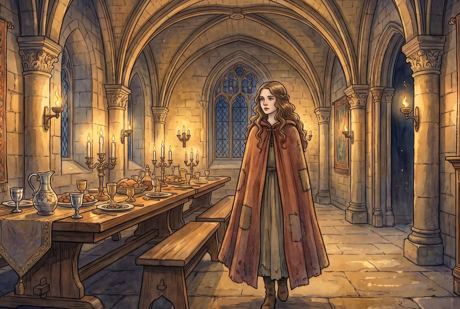 The girl stands alone in a vaulted castle hall lit by candles, beside a long table laid with silver jugs, goblets and dishes of food.