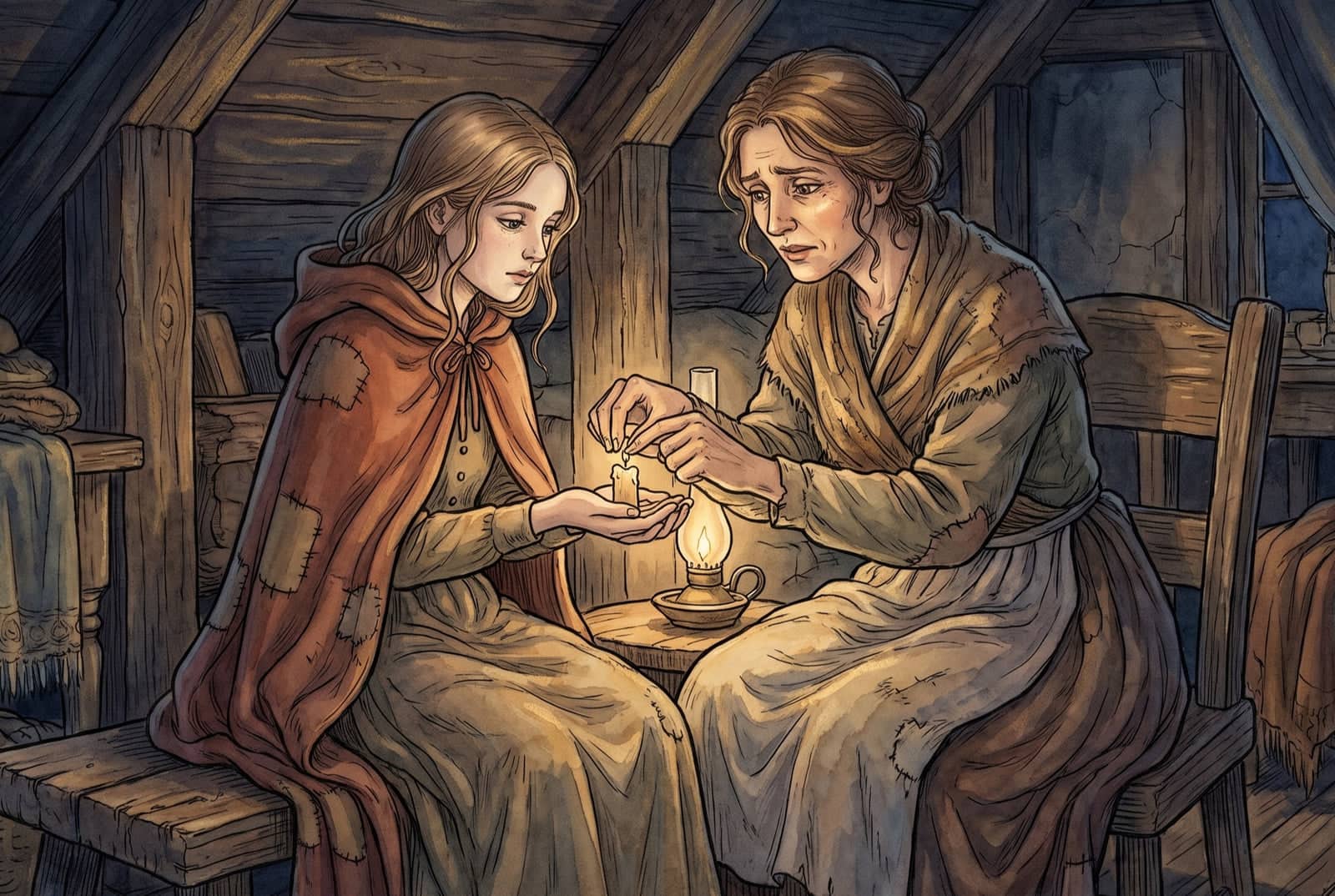 In a dim timbered room the girl holds out her cupped hands while her mother lowers a bit of unlit candle into them, a lamp burning on the table.
