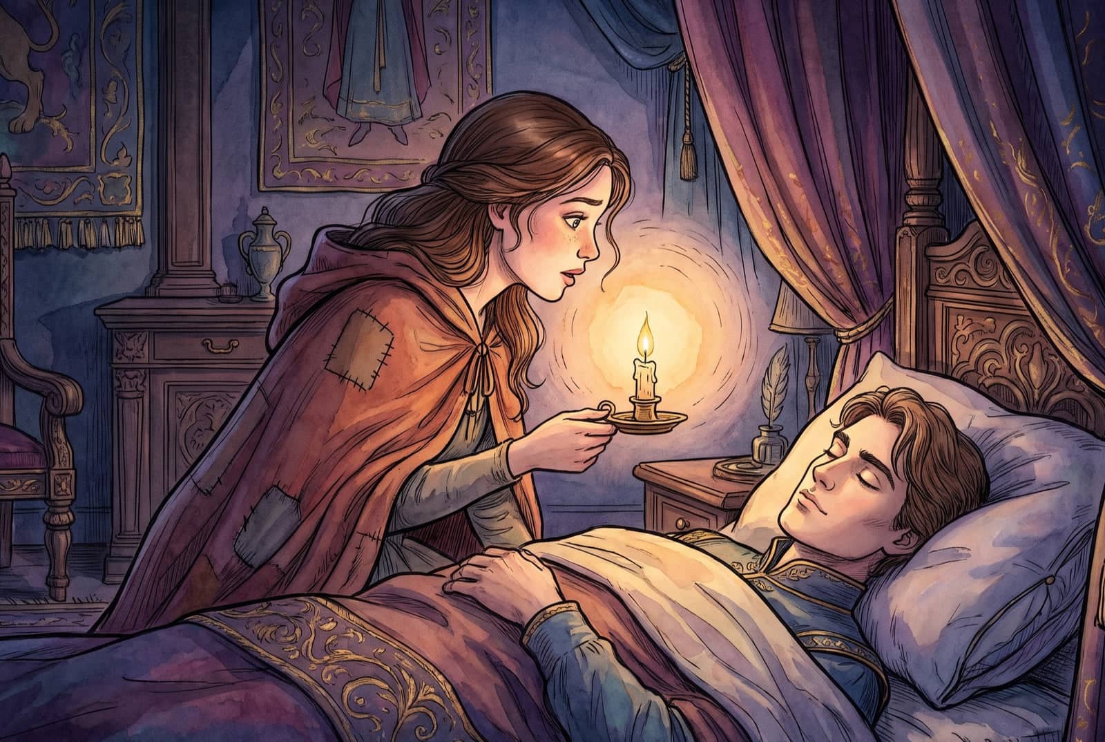 The girl leans over the bed in a curtained bedchamber and holds up a lit candle, whose light falls on the face of the sleeping prince.