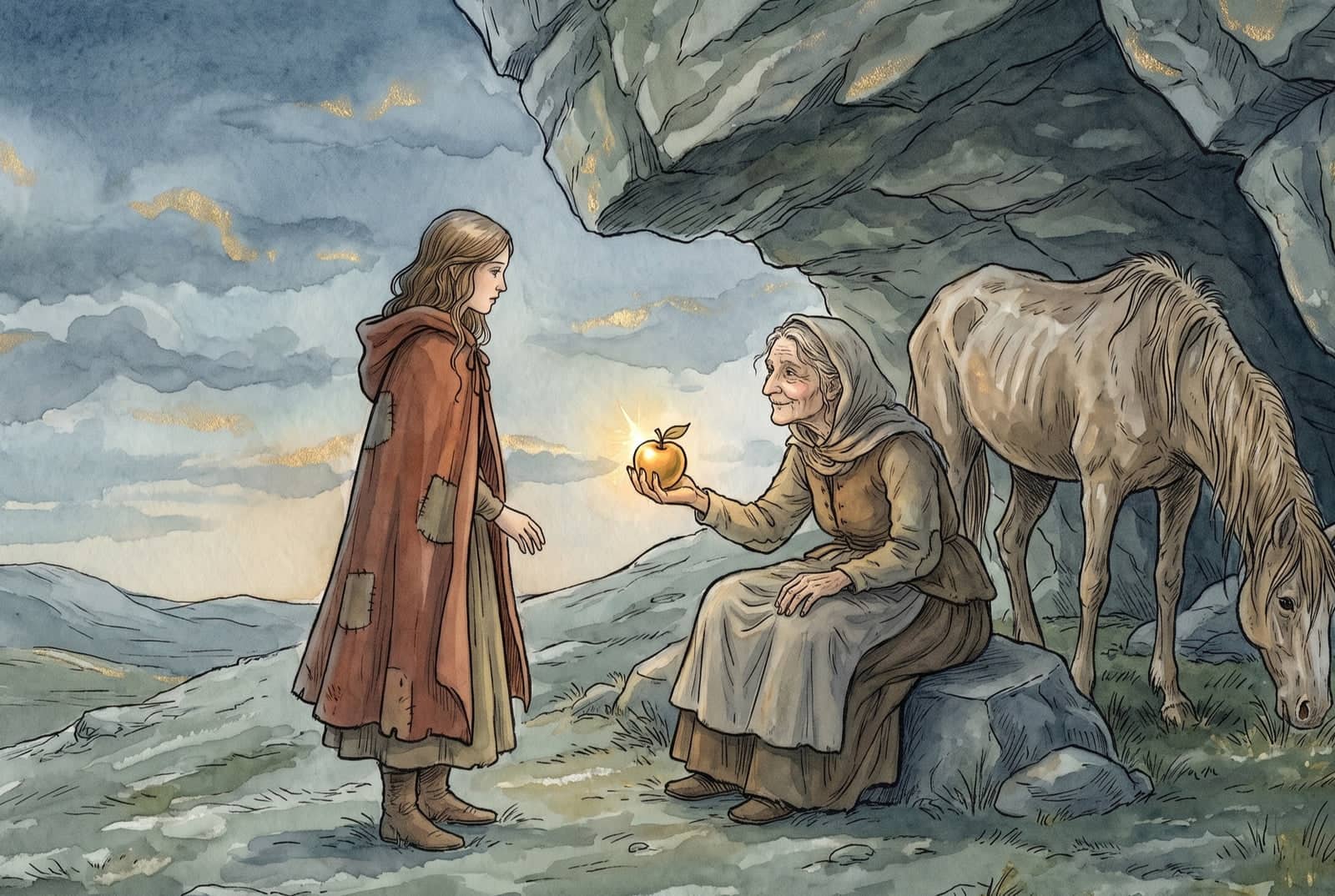 On a bleak fell an old woman sits under an overhanging crag and holds out a shining golden apple to the girl, a lean horse grazing behind her.