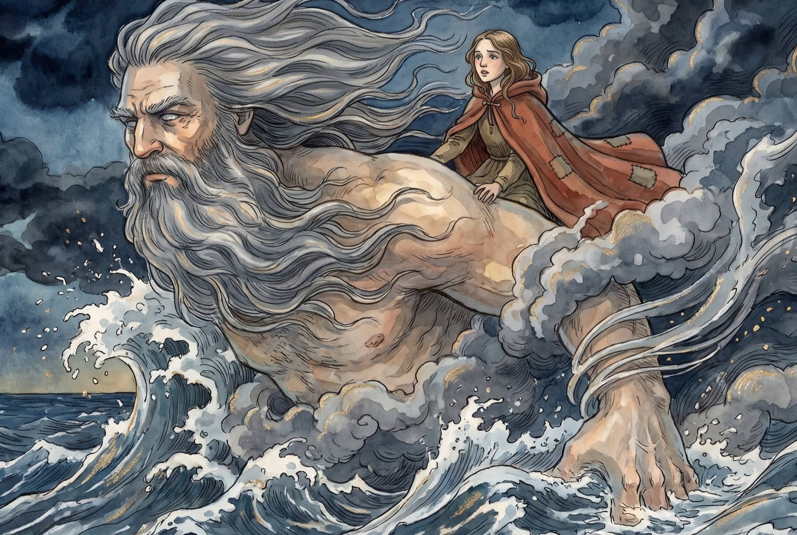 The girl rides on the back of the North Wind, a huge grey-bearded giant of streaming cloud, low over a night sea whose crests wash over his heels.