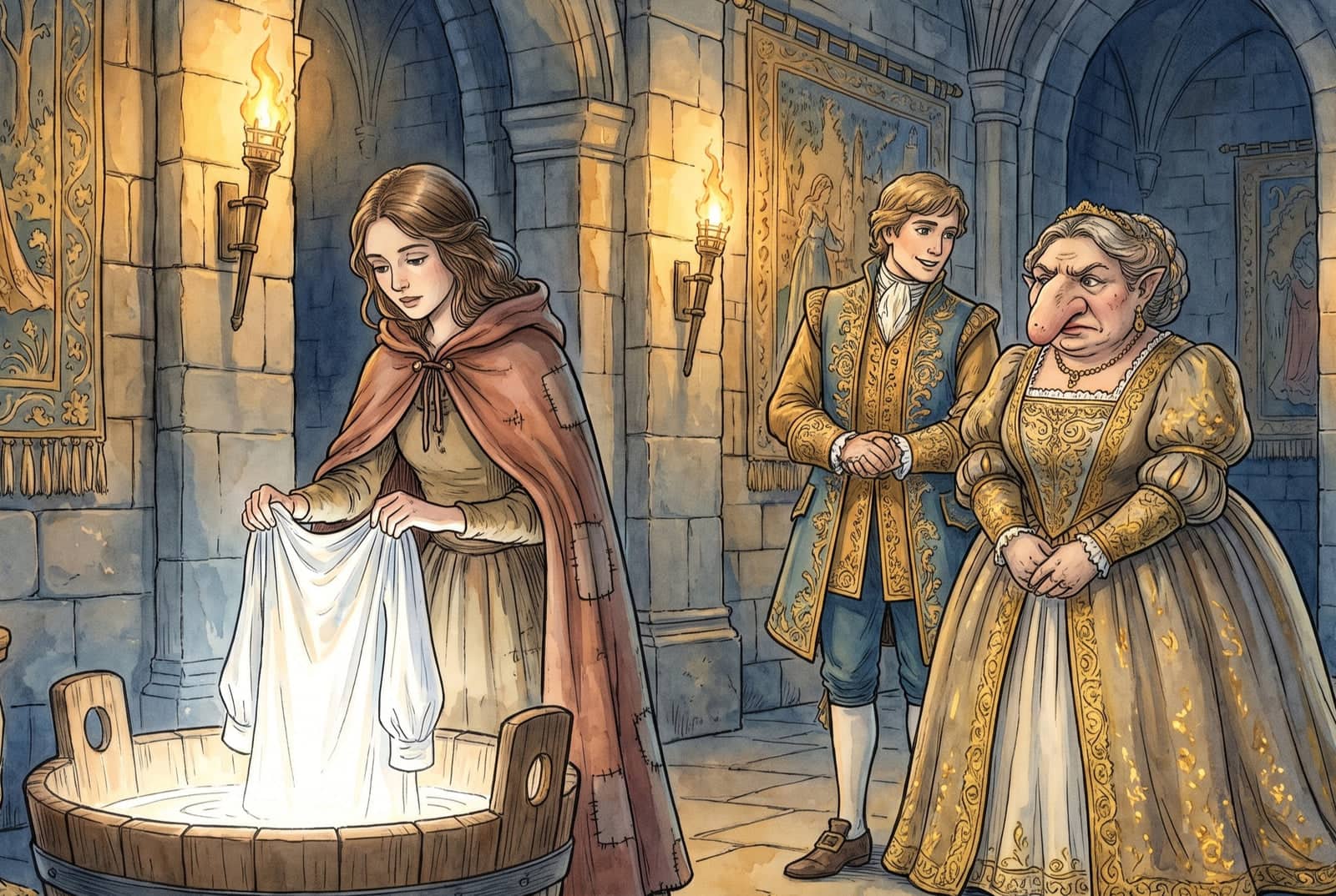 In a torchlit stone hall the girl holds a shining white shirt over a wooden tub while the prince smiles and a gray-haired troll woman with a long nose scowls.