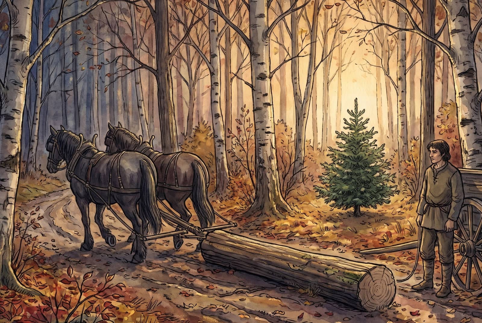 Dans une forêt d’automne, deux chevaux de trait tirent un long tronc ébranché ; un homme attend près de sa charrette et un petit sapin vert reste à l’écart.