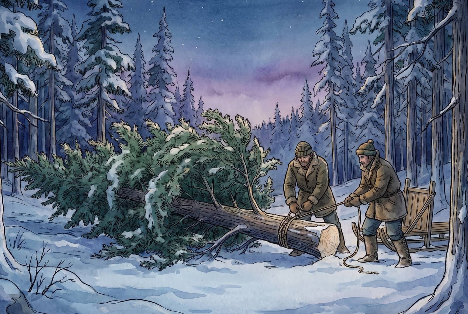 Un sapin abattu gît en travers de la neige, sa coupe encore claire, pendant que deux hommes passent une corde autour du tronc près d’un traîneau.