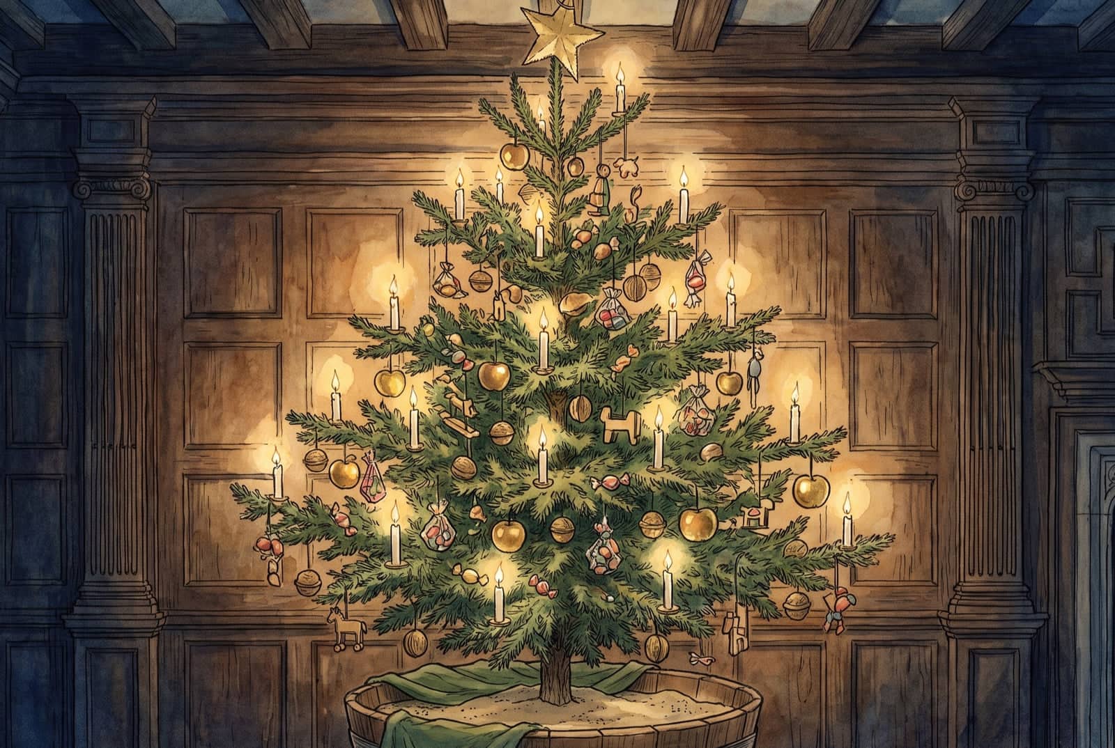 Dans une salle lambrissée, un sapin dans un baquet de sable porte des bougies allumées, des pommes et noix dorées, des jouets, et une étoile d’or à sa cime.