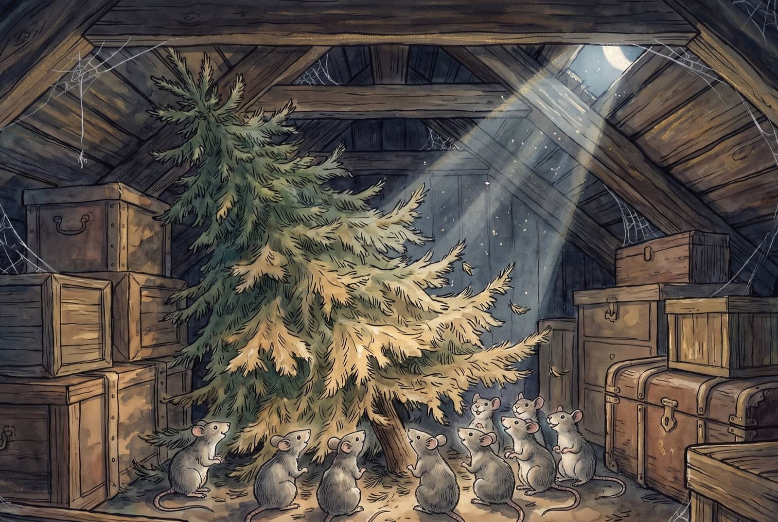 Dans un grenier encombré de malles, un sapin aux branches basses jaunies ; un rayon de lune l’éclaire et des souris grises sont assises à son pied.