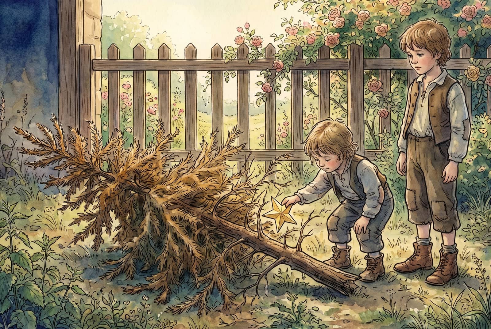Le sapin sec gît dans les orties ; un enfant en bottines se penche et prend l’étoile d’or dans les branches, un garçon plus grand le regarde, devant les roses.