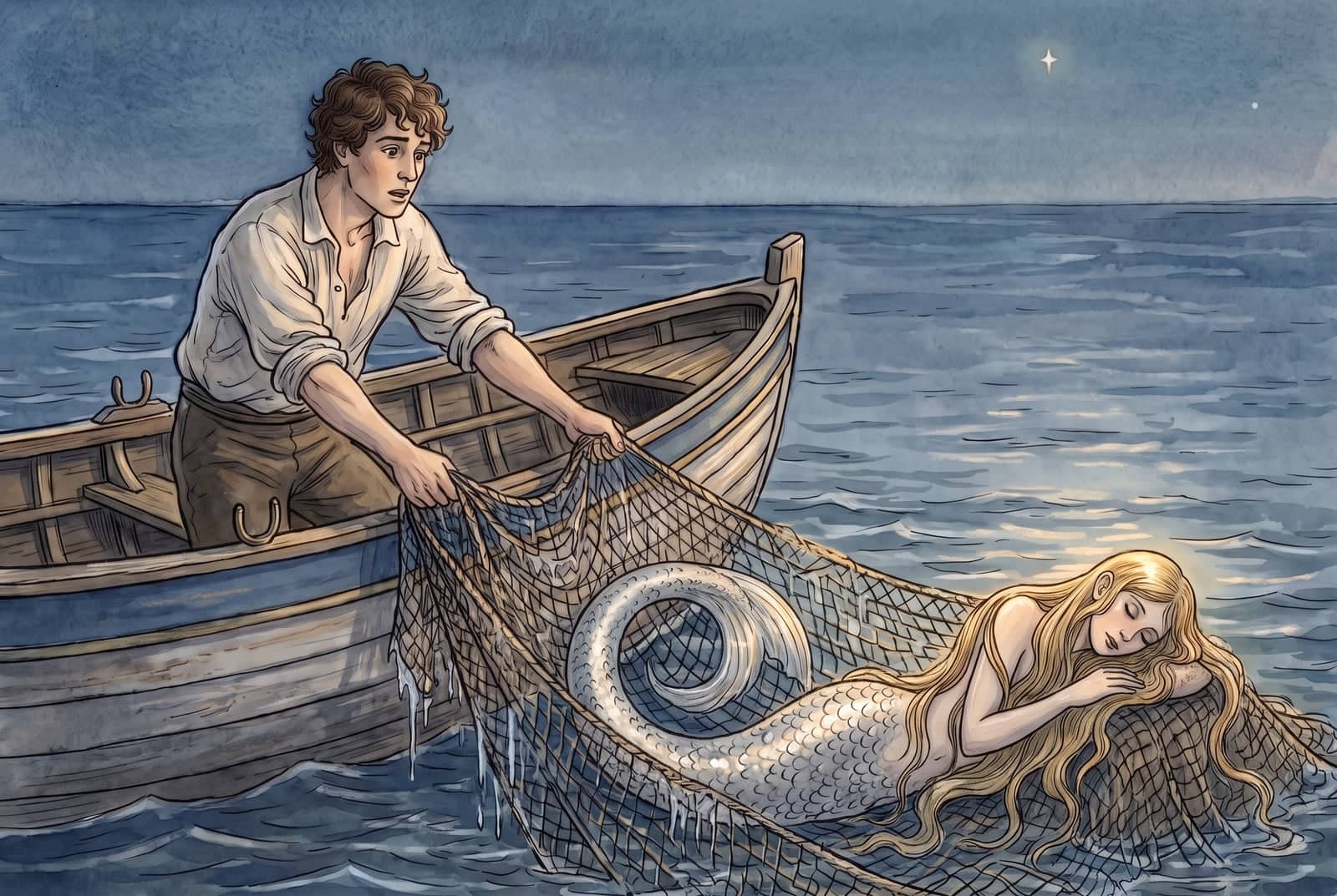 En mar abierto, al anochecer, el joven pescador jala la red desde su barca, asombrado: adentro duerme la sirenita, con el cabello dorado y la cola de plata.