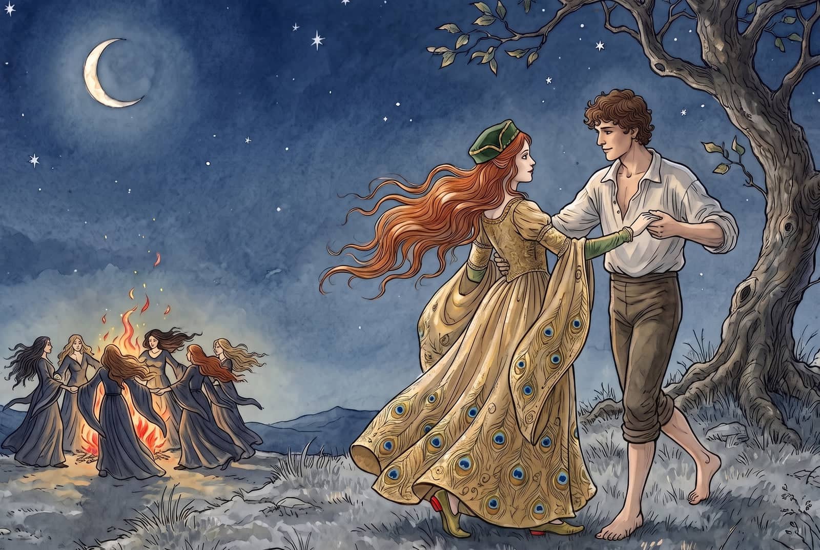 En la cima de la montaña, bajo la luna, el pescador descalzo baila con la bruja pelirroja, de vestido dorado y gorrito verde; otras brujas bailan en rueda.