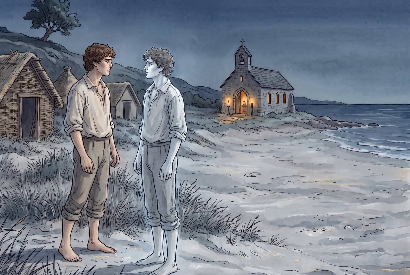 De noche, en la playa, el pescador mira a su Alma, idéntica a él pero gris y pálida, con los mismos rizos y la misma ropa; atrás, una capilla iluminada.