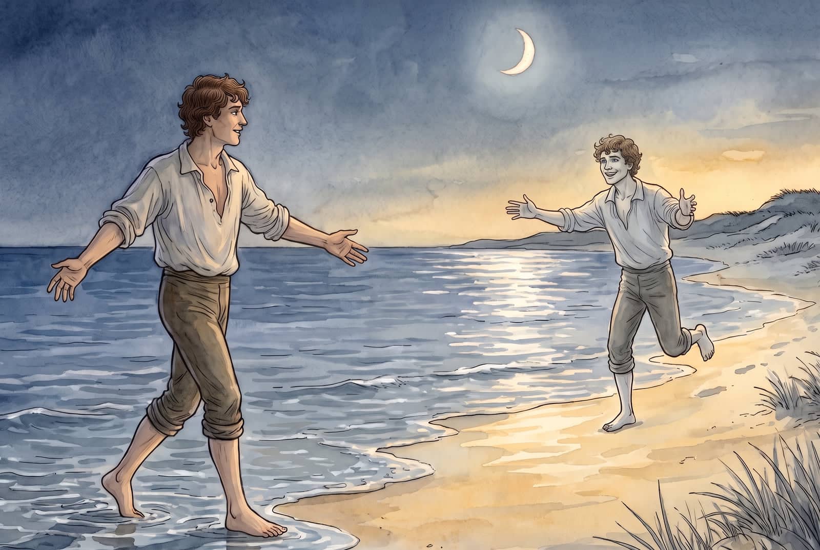 Al anochecer, el pescador sale del agua sonriendo con los brazos abiertos, y su Alma, pálida e idéntica a él, corre descalza por la arena a su encuentro.