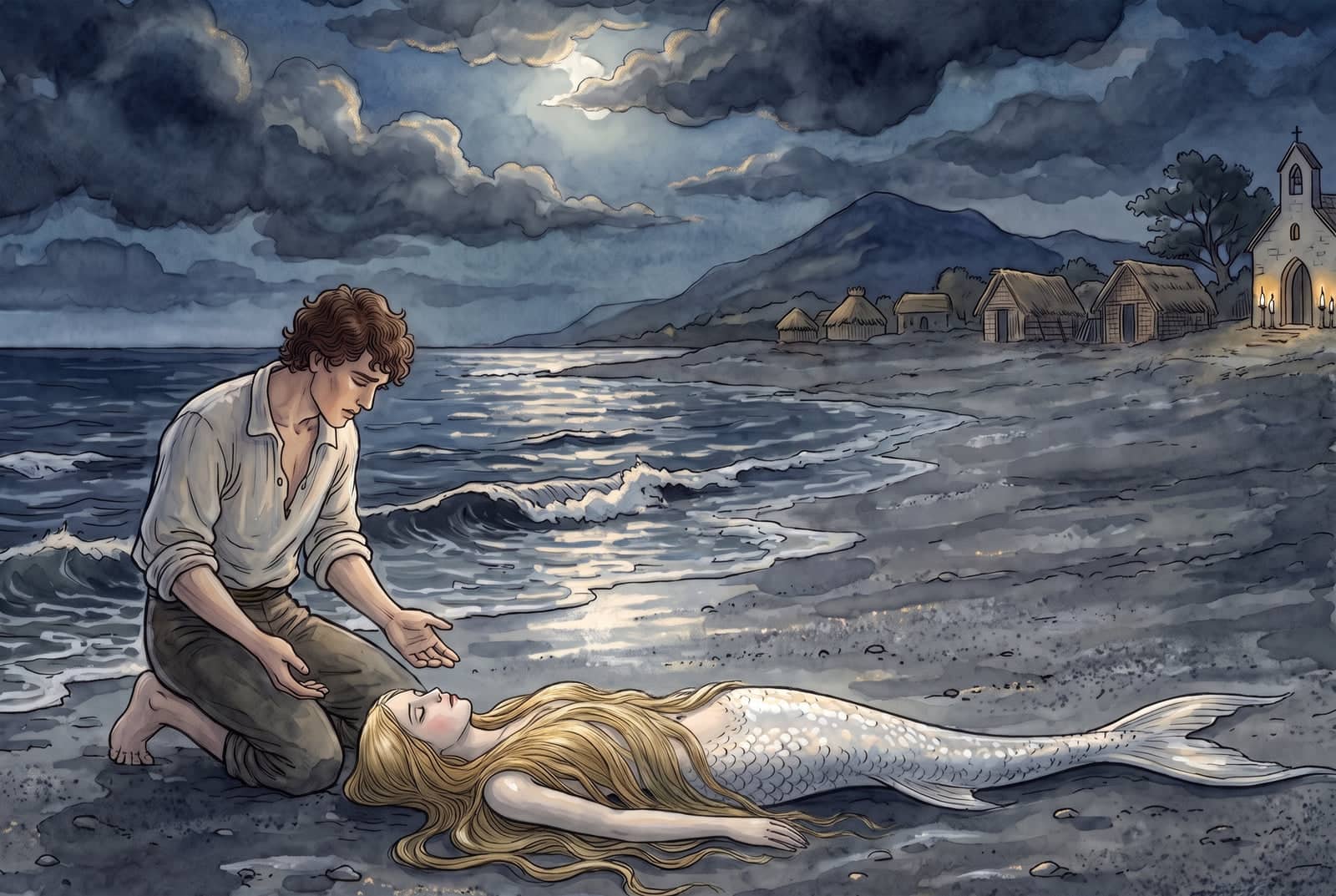 De noche, en la orilla, el pescador se arrodilla con la cabeza baja junto a la sirenita de cabello dorado, que yace inmóvil en la arena con los ojos cerrados.