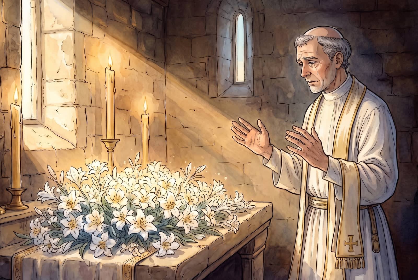 En una capilla de piedra, el sacerdote canoso, vestido de blanco y con una lágrima en la mejilla, alza las manos ante el altar cubierto de flores blancas.