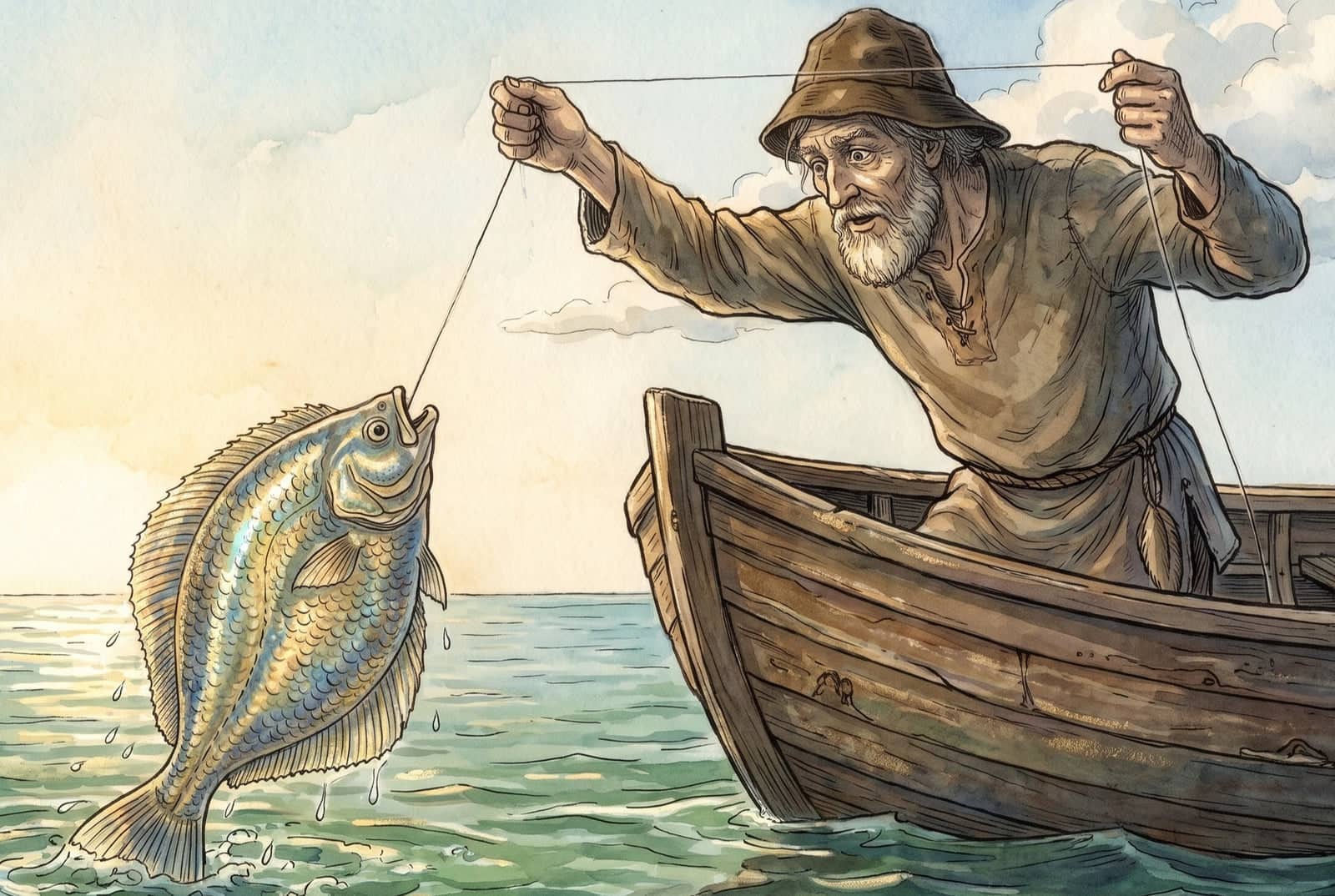 Debruçado no barco, um pescador surpreso, com a boca aberta, ergue um linguado grande e reluzente, dourado e azulado, sob um céu claro de manhã.