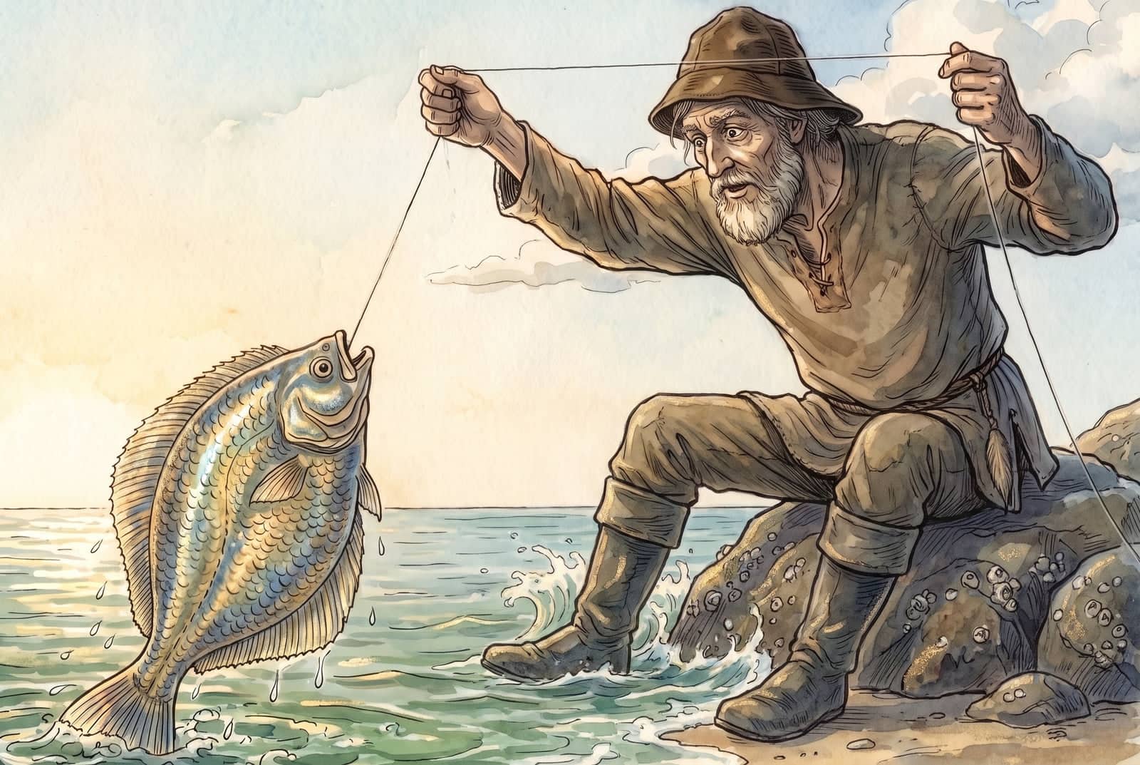 Sentado numa pedra à beira-mar, um pescador de barba grisalha, chapéu marrom e botas altas puxa pela linha um grande linguado dourado e azulado de boca aberta.