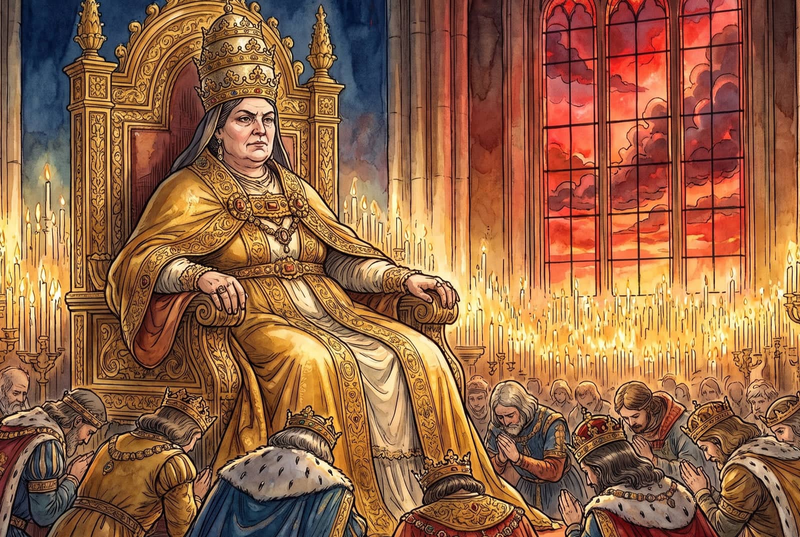 A mulher, vestida de ouro com três coroas sobrepostas, está sentada num trono alto numa igreja cheia de velas, com reis ajoelhados diante dela.