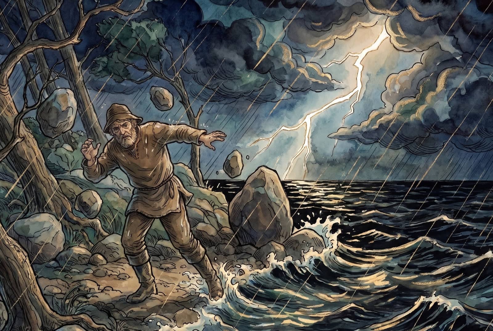 O pescador avança sozinho pela praia numa tempestade violenta, com pedras caindo, árvores tombando e o mar negro agitado atrás dele.