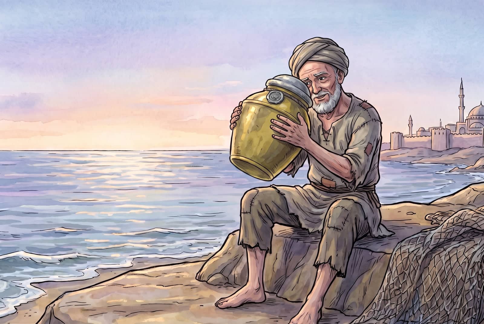 The old fisherman sits barefoot on a rock by the sea, holding the yellow brass jar to his ear; its lead lid with a stamped seal is still in place.