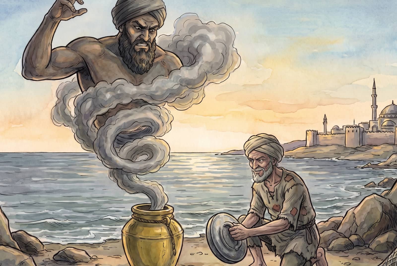 The scowling jinni, one arm raised, pours as a spiral of smoke into the brass jar while the old fisherman crouches beside it, holding the lead lid ready.