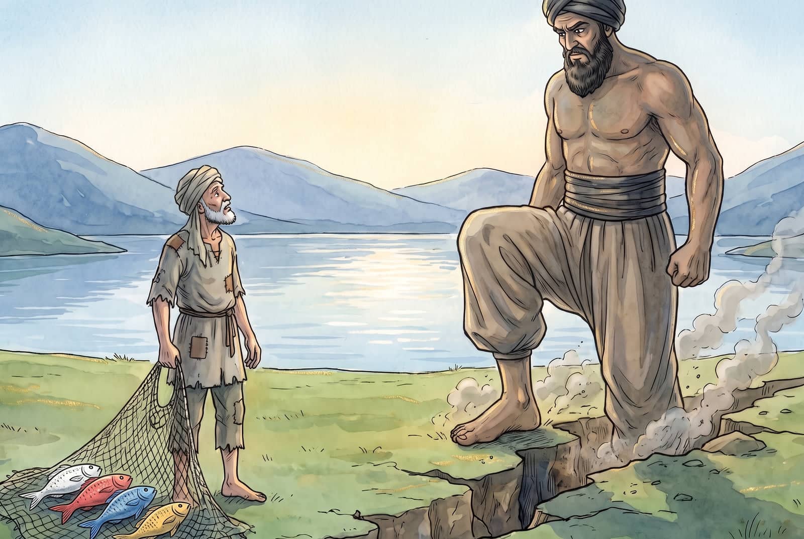 By a lake in blue hills, the fisherman looks up in awe as the earth cracks open under the huge jinni; four fish, white, red, blue, and yellow, lie on his net.