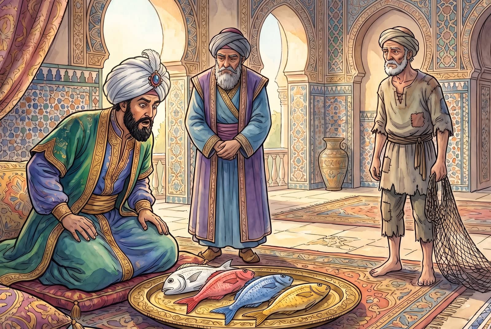 In a tiled palace hall, the sultan kneels on a cushion, amazed at four fish on a brass tray, white, red, blue, and yellow; the vizier and the fisherman look on.
